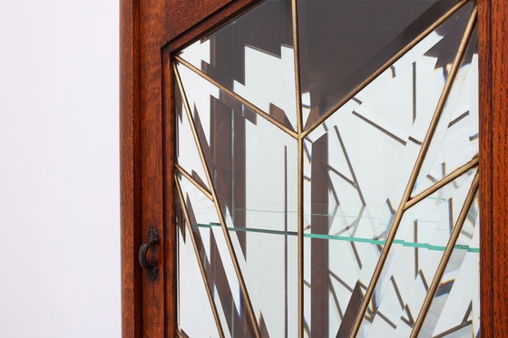 Image 1 of Mobiletto Art Déco francese in rovere con vetro piombato bisellato, ca. 1920