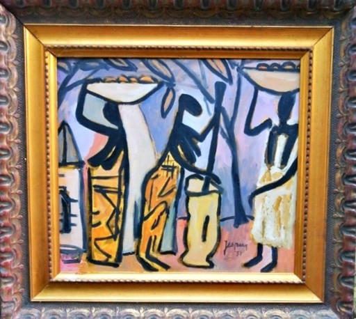 Jespers "" African scene "" oil on panel 54 x 48 with frame 80 x 74 cm Signed r.o Jespers and on the back Jespers