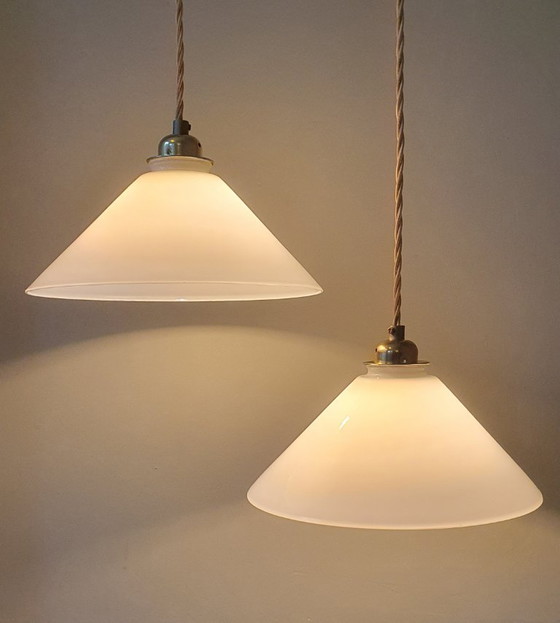 Set Vintage Pendant lamps - Milk glass, banker's lamps. – Metal (photo 6 of 21)