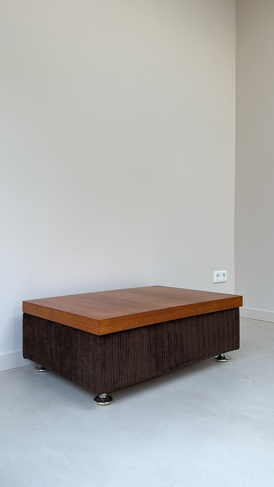 Image 1 of Coffee table with brown rub fabric, wooden top and chrome legs