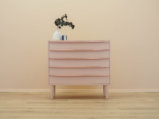 Dänische Kommode aus den 1970er Jahren in Rosa, vier Schubladen, Teakfurnier, massive Beine – Kommoden, Wood (photo 2 of 18)