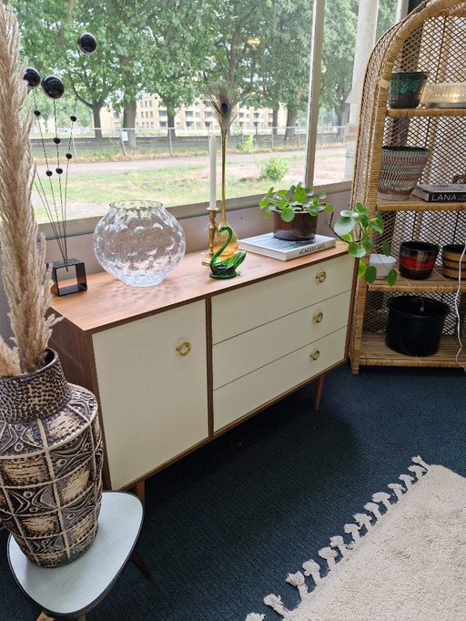 Vintage cabinet cream / teak / brass handles 70s
