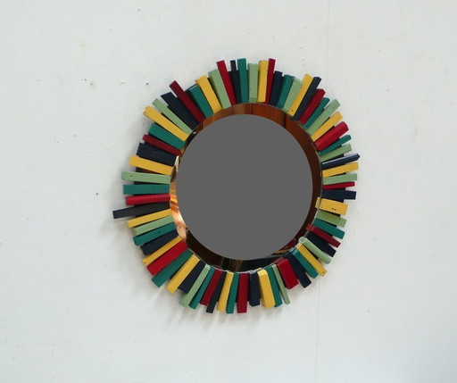 Vintage Spiegel Wandspiegel Rund Aus Buntem Rustikalem Holzrahmen Handarbeit – Wood, Glass