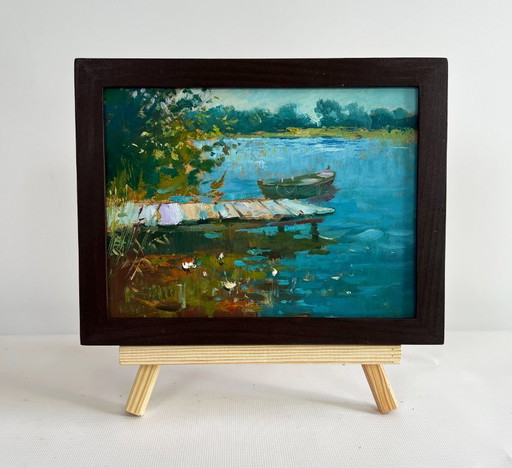 Original Oil Painting Summer River Landscape Good fishing holiday