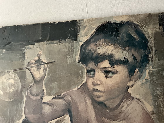 Image 1 of Vintage prent: Jongen met bellenblaas - jaren ‘60