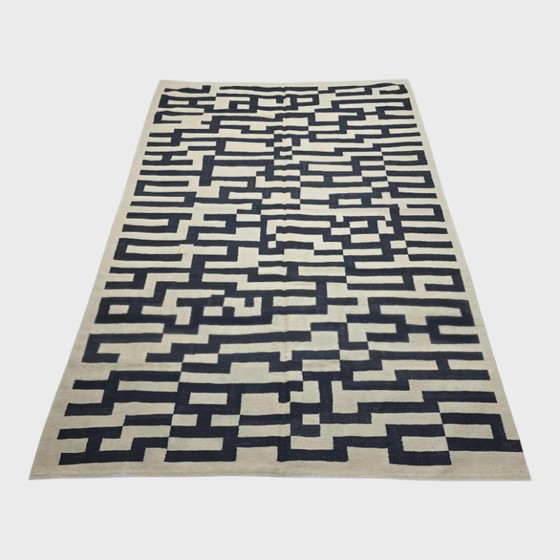 Handwoven Wool Tapestry | Victor Vasarely Style Op Art, Black White Geometric (118 × 81 in) – Rugs & carpets (photo 8 of 9)