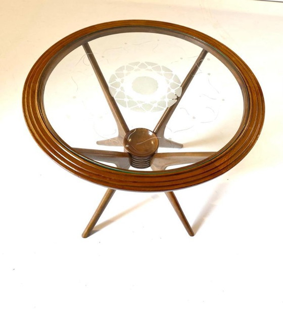 Image 1 of 1x Vintage Round Wood Coffee Tabe with Spider Legs by Paolo Buffa for Brugnoli