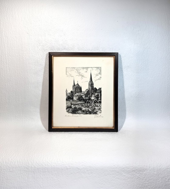 Image 1 of (W012) Original Radiation Friedrich Kätner – Aachen Elisenbrunnen / Elisengarten with Cathedral, framed