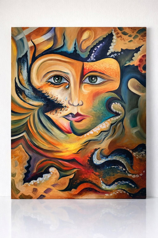 Expressive Surreal Portrait — Original Painting, Mid-Century Style