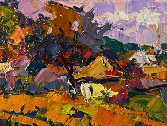 Image 1 of Original Oil Painting Evening Summer Landscape Warm touch of light