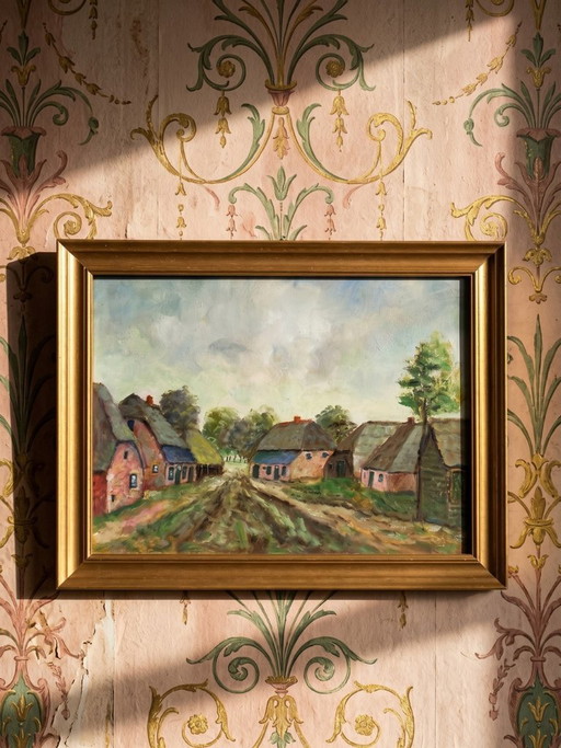 Oil on panel, small rural village, framed vintage painting, 1950-1970