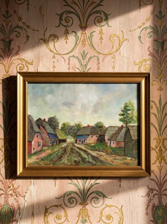 Image 1 of Oil on panel, small rural village, framed vintage painting, 1950-1970