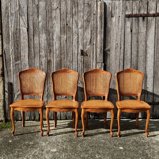 4 chaises de salle à manger vintage françaises en rotin - chaises de style cottage - style Louis XV - années 80