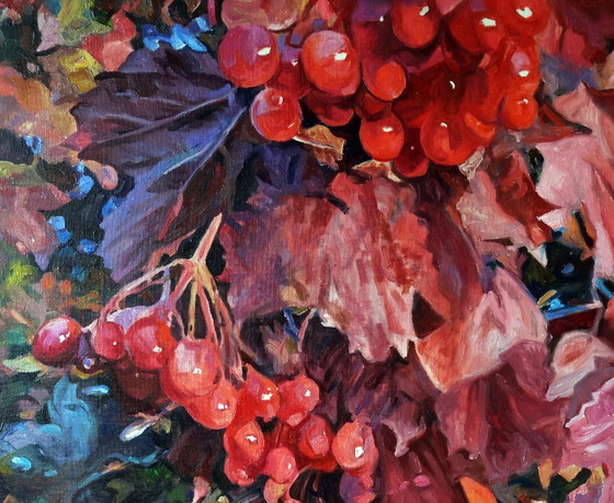 Pittura a Olio Originale Arte Contemporanea Bacche Autunnali Viburno Rosso – Dipinti e disegni, Canvas (photo 4 of 7)