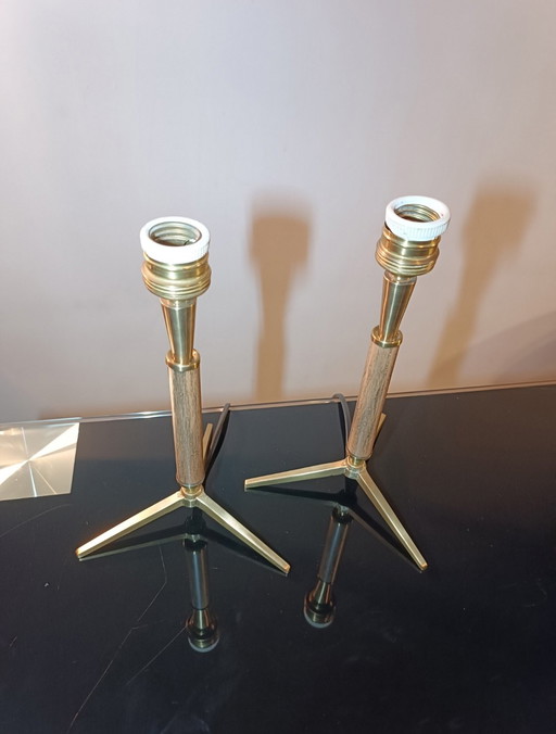Paire de lampes tripodes bois et laiton 1960