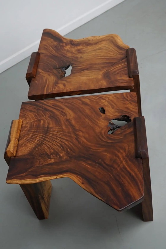 Image 1 of Ensemble de deux tables basses vintage en noyer naturel, vers 1970/1980