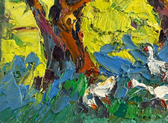 Image 1 of Original Oil Painting Summer Village Landscape Dreams in the shade of trees