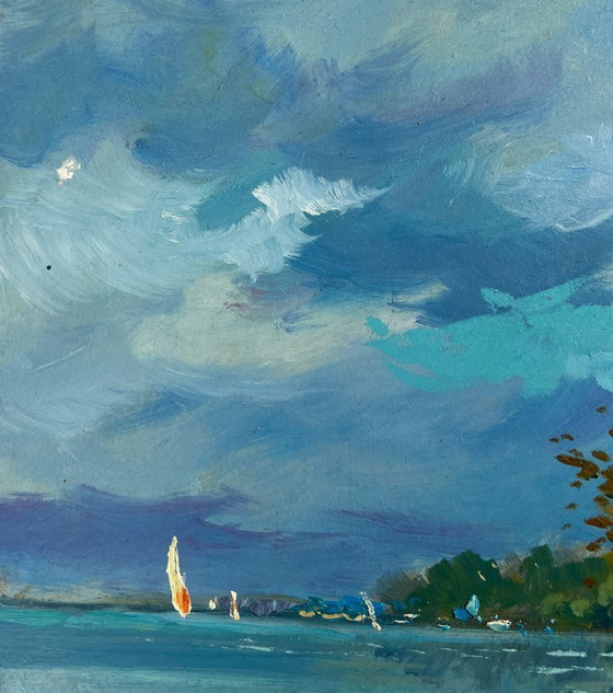 Image 1 of Pintura al óleo original Paisaje costero de verano Día de verano en la costa
