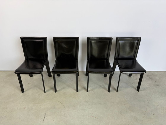 Vintage Zwart Lederen Eetkamerstoelen, Set Van 4 - Jaren 70 – Leather (photo 9 of 9)