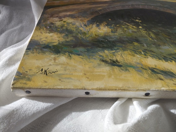 Oude bakstenen brug in Normandië - Gesigneerd olieverfschilderij – Schilderijen & Tekeningen, Canvas (photo 7 of 16)
