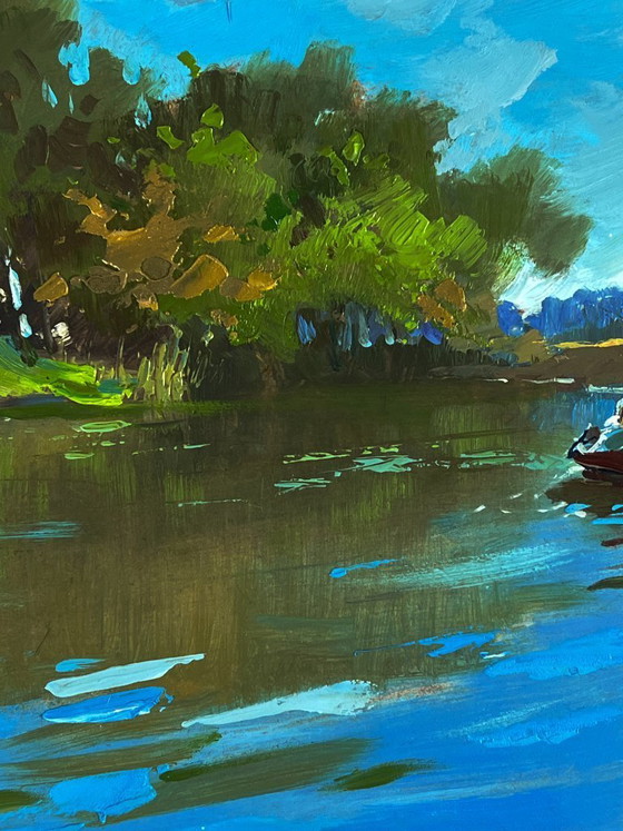 Image 1 of Peinture à l'huile originale, paysage naturel, collines d'été, bateaux sur la rivière