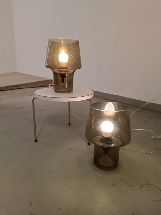 Image 1 of 2 x brown glass mushroom table lamps 