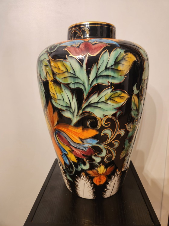 Image 1 of Large Vintage Art Deco Style Vase - Hubert Bequet - Black with Hand-Painted