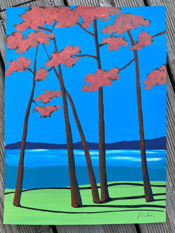 Abstract painting by Frédéric Cadiou, pink trees and blue sky, Paintings & Drawings, Other, Paper (photo 5 of 5)