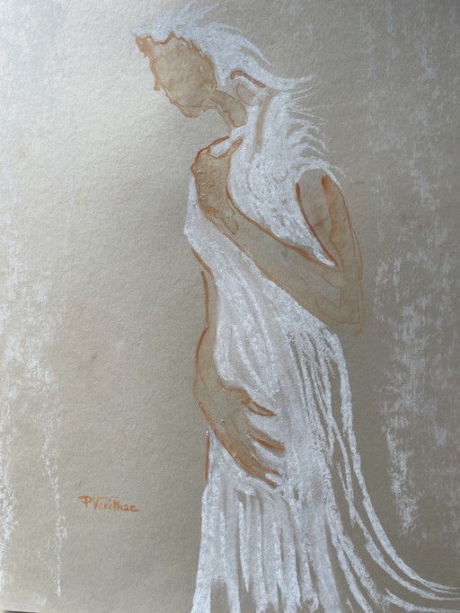 Retrato al pastel de una mujer "El vestido blanco"