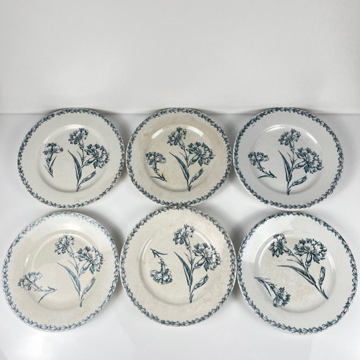 Lot de 6 assiettes à dessert modèle "Oeillet", KG Lunéville, terre de fer, XIXème siècle