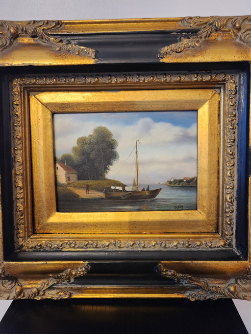 Atmospheric Antique River View with Sailing Ship – Signed "Patty" – In a Beautiful Baroque-Style Frame (London Origin)