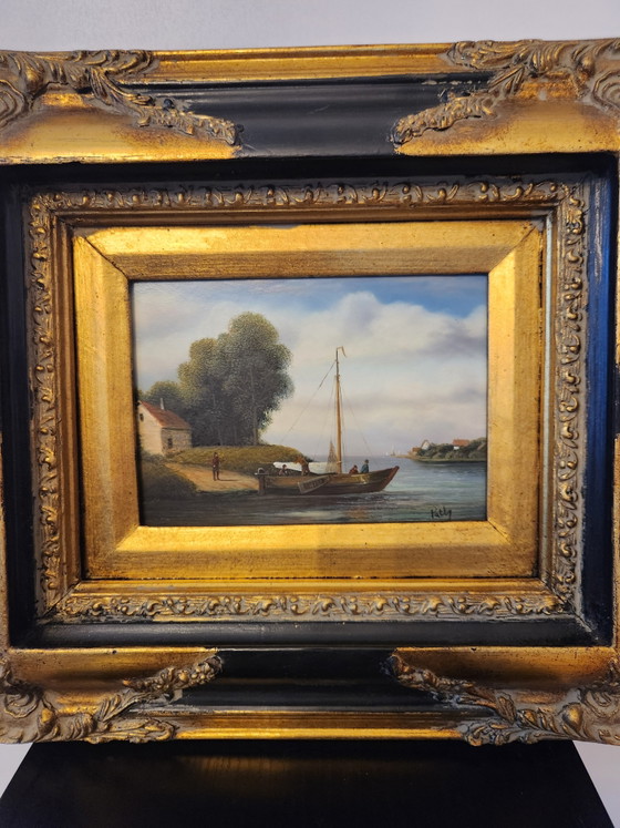 Image 1 of Atmospheric Antique River View with Sailing Ship – Signed "Patty" – In a Beautiful Baroque-Style Frame (London Origin)