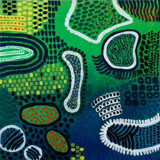 Image 1 of Modern abstract green, yellow, purple and orange mixed media painting