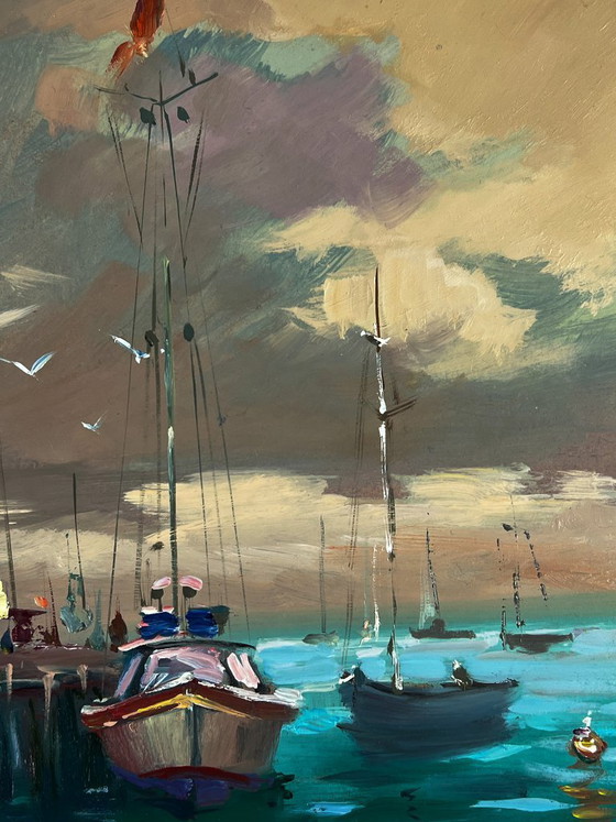 Image 1 of Peinture à l'huile originale représentant un paysage marin avec des yachts et des bateaux au quai