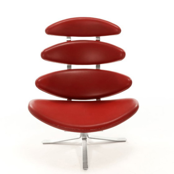 Image 1 of Fauteuil Corona En Cuir Rouge Avec Tabouret, Poul M. Volther, Édition Erik Jørgensen, Années 60