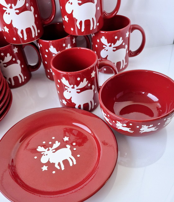 Image 1 of Waechtersbacher Keramik Design Emma Mugs Christmas Reindeer Service Fun Factory 8 Persons