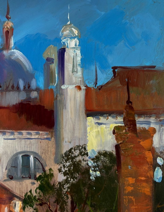 Image 1 of Original Oil Painting River Street Landscape Bridge connecting the city banks