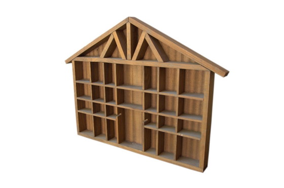 House-shaped frame, wall display, vintage wooden showcase, 52x38cm, 33 compartments – Wall cabinet (photo 5 of 5)