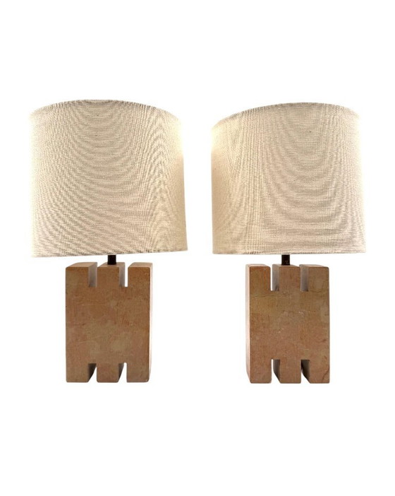 Image 1 of Juego de 2 lámparas de sobremesa de mármol rosa Hollywood regency, Francia años 70