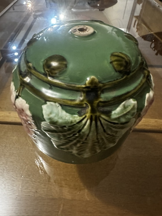 Art Nouveau lamp element in glazed ceramic with vine decoration, France, early 20th century (photo 6 of 13)
