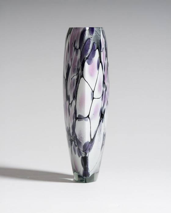 Image 1 of Large Murano Art Glass Vase 1980s • Hand Blown • Violet Black White Postmodern Italian