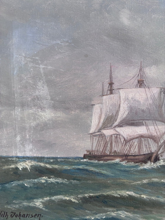 Image 1 of Peinture à l'huile originale vintage représentant une marine, signée, paysage côtier