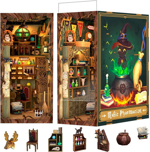 Fsolis DIY Book Nook, Maison de Poupée Miniature Kit de Maison avec Meubles en Bois et Lumière LED,3D Puzzle en Bois pour Biblio