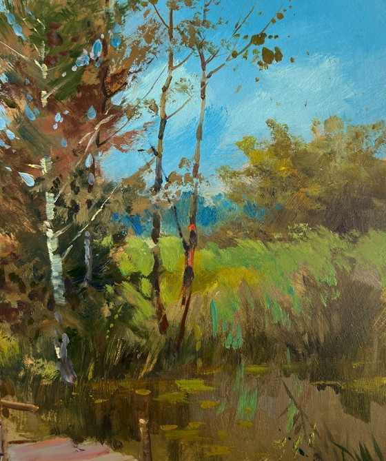 Image 1 of Original Oil Painting Nature River Landscape The Road Leading Home