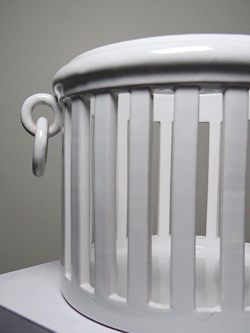 Openwork white earthenware pot cover Malicorne Bourg-Joly Emile Tessier 1960