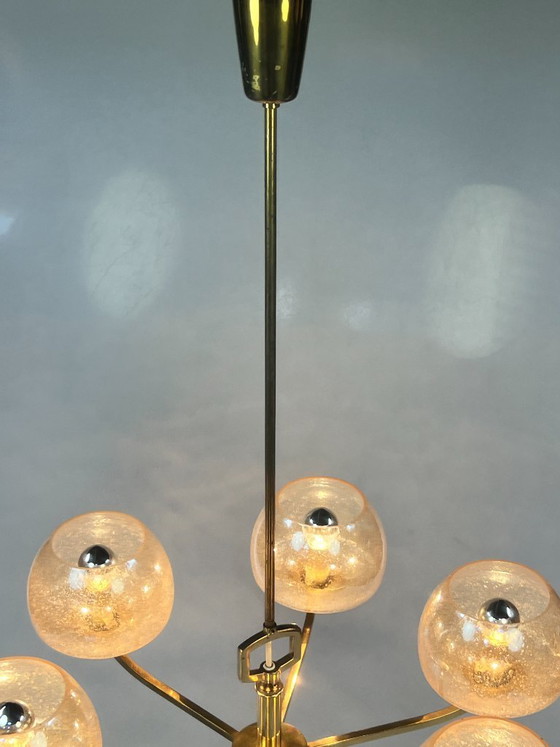 Image 1 of Vintage Brass Chandelier/Pendant Lamp, 6 Arms, Amber Bubble Glass