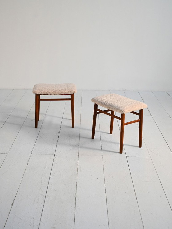 Image 1 of Scandinavian teak stools with sheepskin seat, 1960s