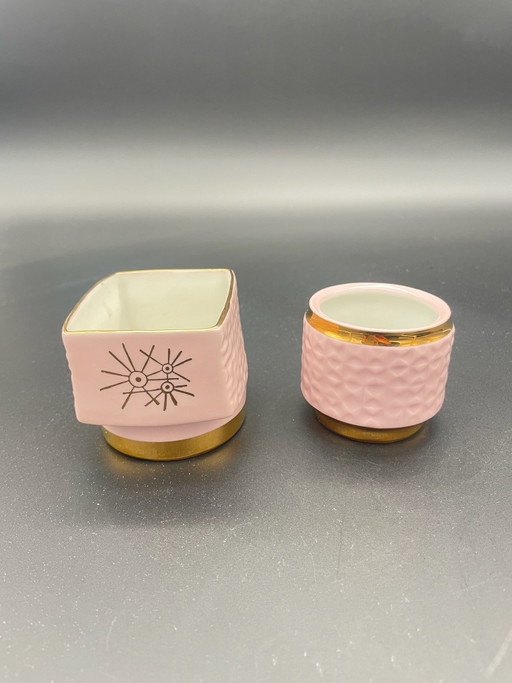 Haas & Czjzek – 2 Vintage Porzellangefäße in Rosa mit Golddekor – Czechoslovakia