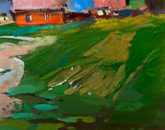 Image 1 of Original Oil Painting Rural Evening Landscape A Quiet Village Spread Over The Hills