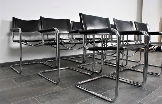 Image 1 of Set van 8 Matteo Grassi MG5 zwarte tuigleren buisframe stoelen